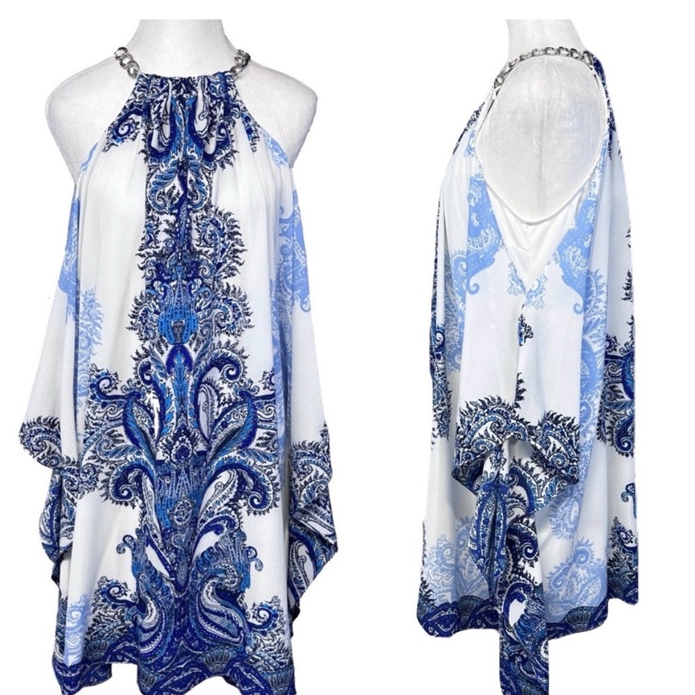Blue & White Paisley Halter Chain Neck Tunic Dress